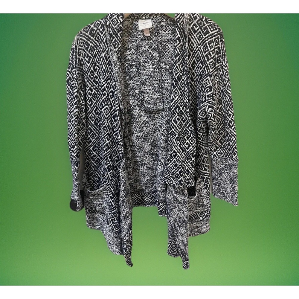 Knox Rose Sweater L Large white blue Draped Fringed‎ Knit Open Front Pockets